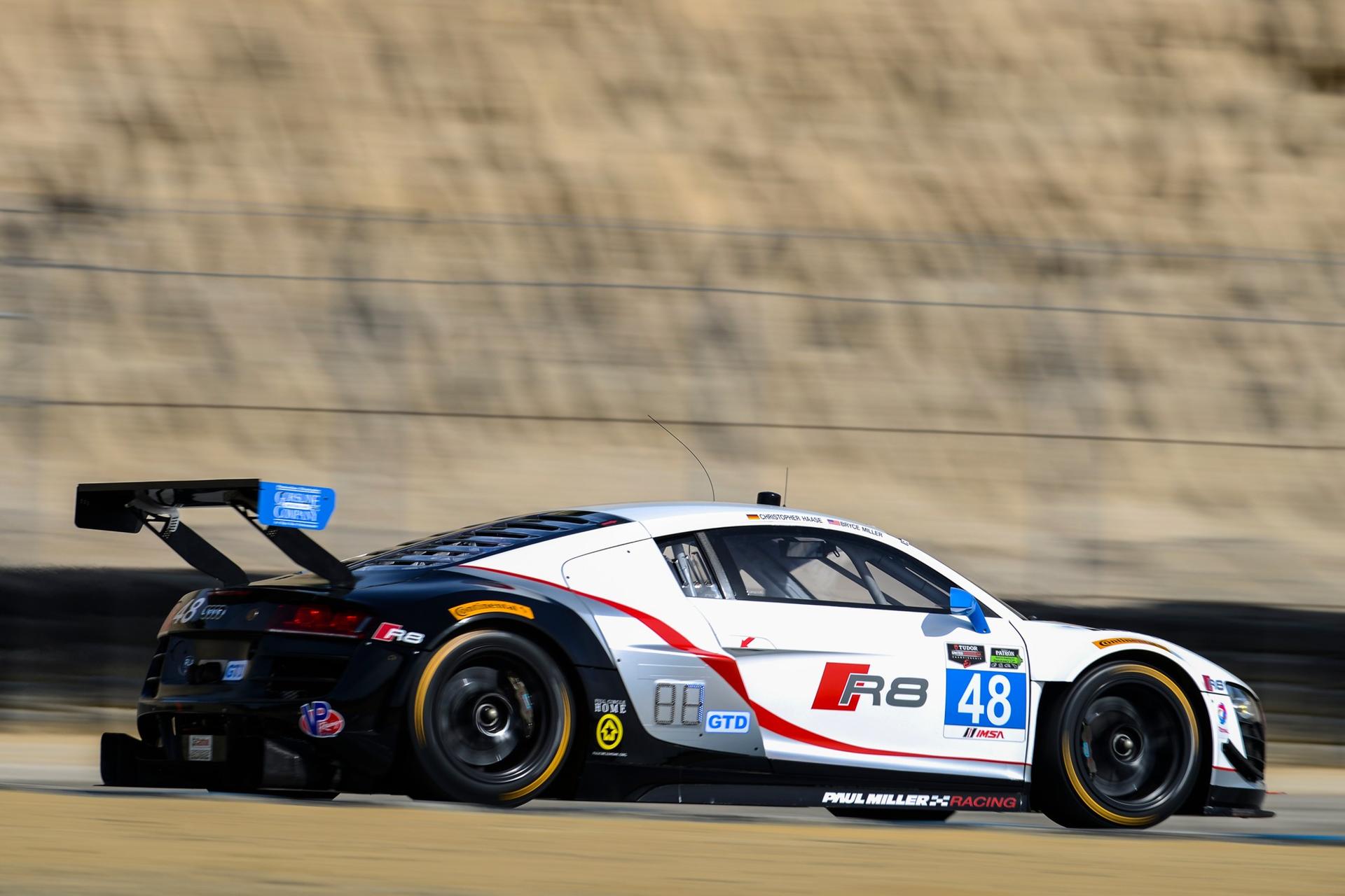 Audi R8 LMS on podium at Laguna Seca 2014