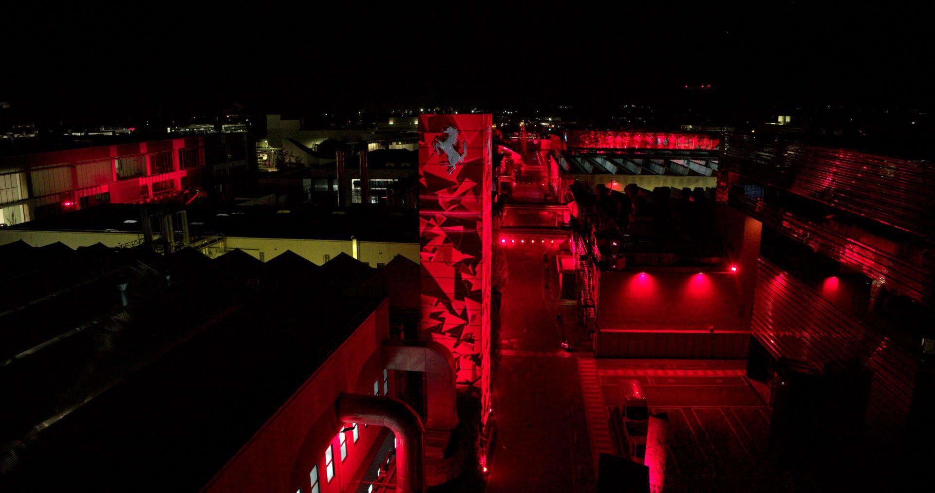 A light show, dedicated to Ferrari’s people, illuminates the Maranello Factory