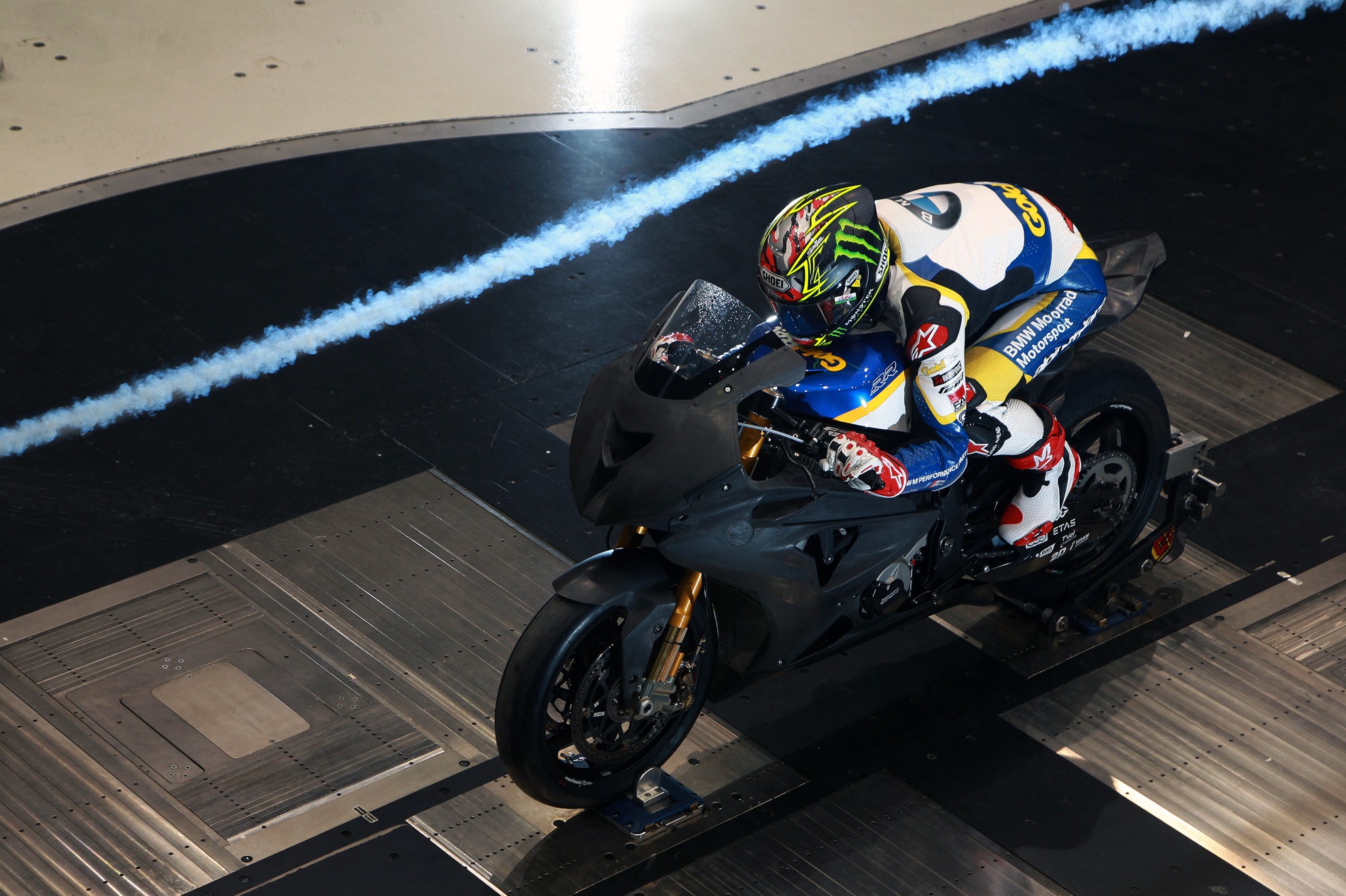 Chaz Davies finds his optimum riding position in the BMW wind tunnel.